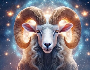 Watercolor colorful illustration of a ram depicting Aries, the first sign of the zodiac.   