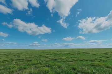 Fototapeta premium A green field of grass stretching out towards a bright blue sky