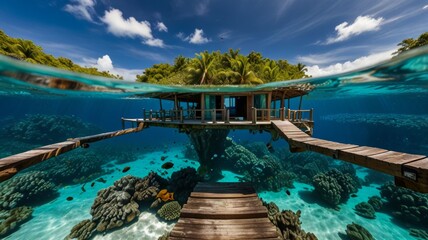 Obraz premium hut, shack, stranded, island, beach, summer, blue lagoon, clear water, palm trees, sun beams, lens flares, the coral reefs surrounding this tropical island are home to an incredible variety of marine