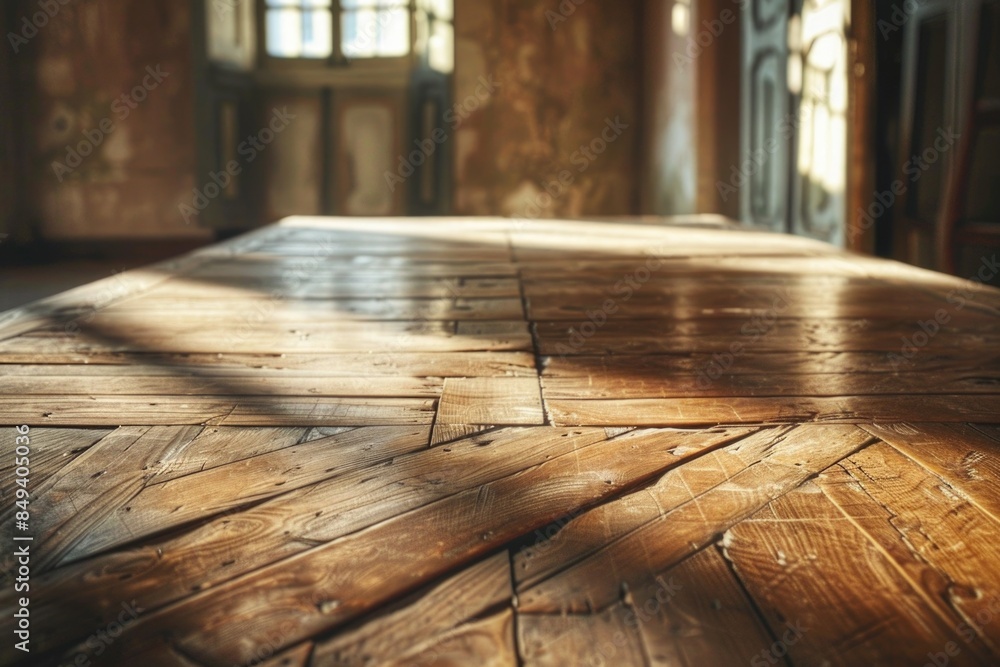 Poster a wooden floor with a window in the background, perfect for interior design or architecture images