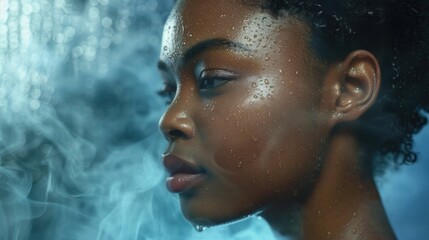 A close-up shot of a woman's face with smoke emanating from her mouth