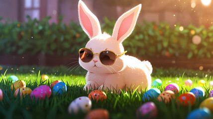 Cute cool cartoon Easter bunny rabbit with sunglasses filed with colorful eggs park background holiday celebration. Nature environment animal grass