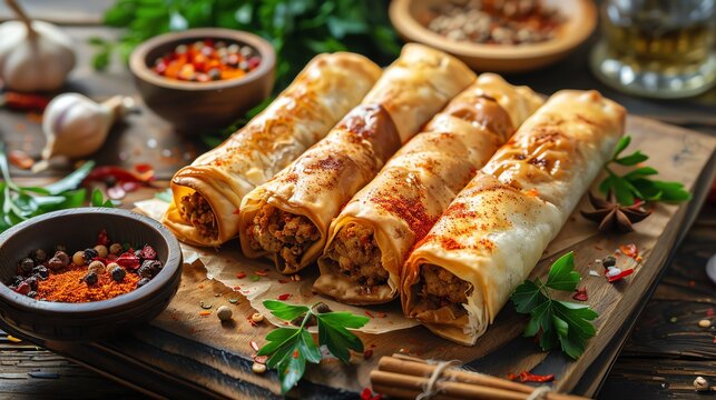 An inviting scene of Algerian bourek with crispy pastry rolls filled with minced meat and spices, served on a rustic wooden board, warm afternoon light