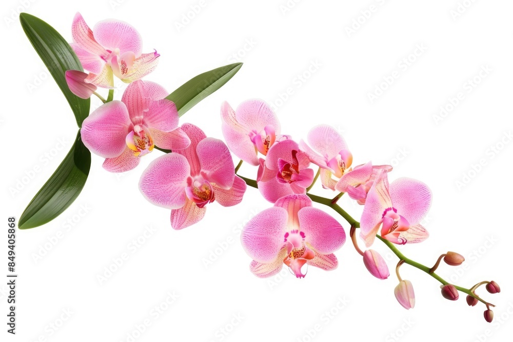 Poster a single pink flower sits amidst lush green leaves on a white background, perfect for showcasing bot
