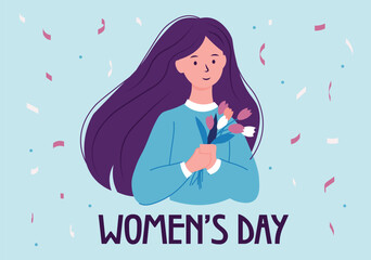 Women's Day postcard concept in flat cartoon design. A beautiful girl with a bouquet of tulips in this image symbolizes International Women's Day and conveys the joy. Vector illustration.