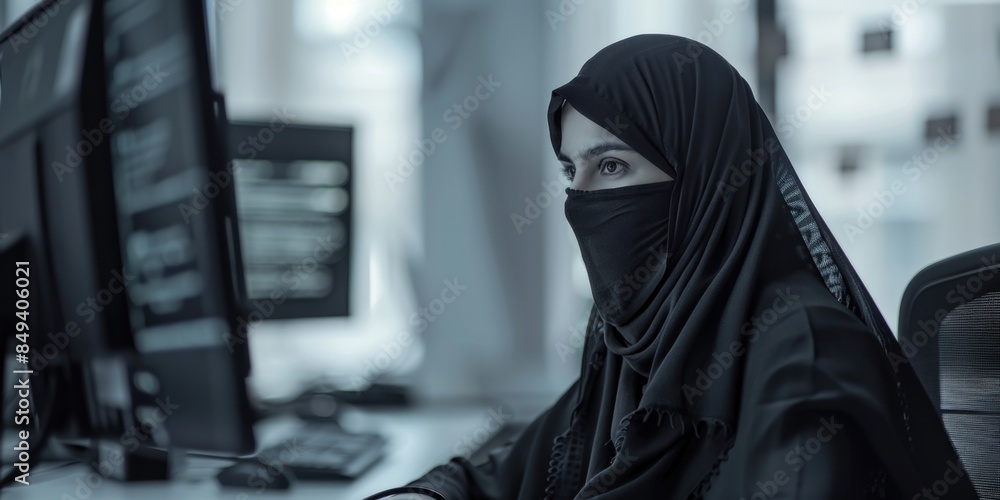 Aufkleber a person wearing a black hijab sits in front of a computer, focused on the screen