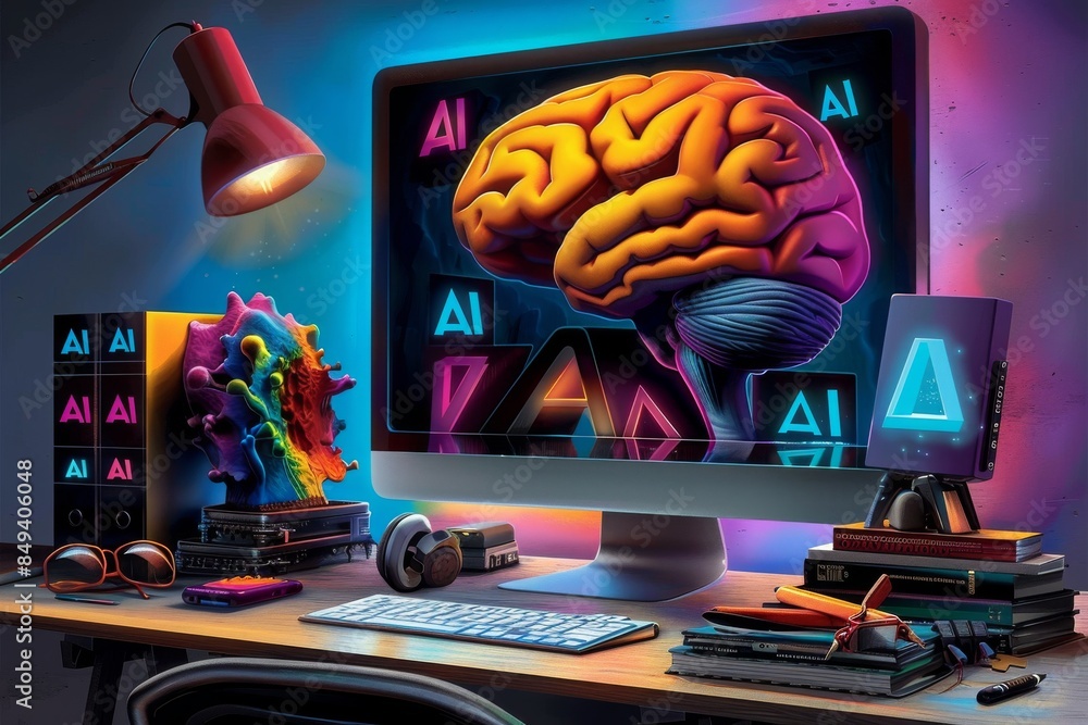 Poster colorful brain interface on a computer screen, showcasing ais role in enhancing cognitive functions 