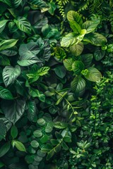 Lush green foliage background with various leaf textures and shapes.  A natural backdrop for nature or botanical themes.