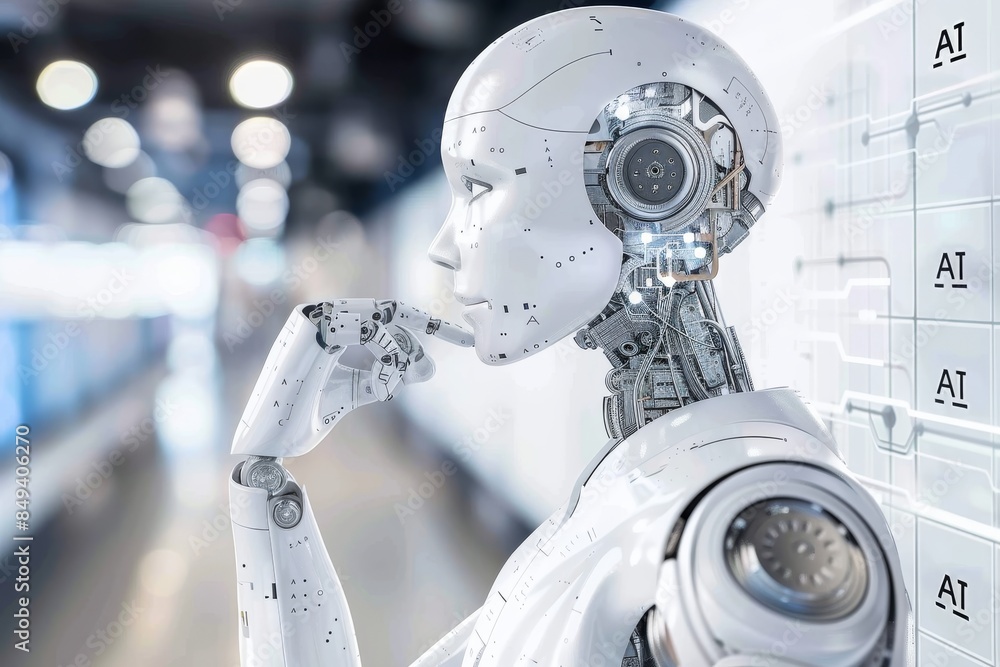 Poster futuristic robotic head in a high tech lab, epitomizing the blend of cybernetics and advanced ai tec