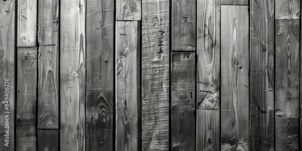 Poster a close-up image of a wooden wall with a rough texture in grayscale