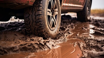 The car got stuck in wet mud. Close-up of a car wheel in the mud. Off-road after rain	
