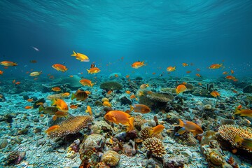 Obraz premium Explore the vibrant underwater world of colorful coral reefs and tropical fish in the ocean. Discover marine biodiversity through diving and snorkeling, capturing the beauty of aquatic life.