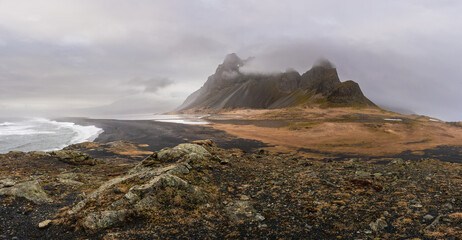 Eystrahorn mountain, during sunset, is only 756 m tall, and is mainly made of gabbro and granophyre rocks.