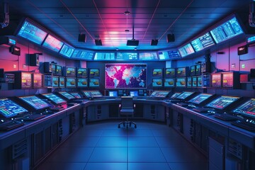 A computer room with neon lights and a chair in the middle
