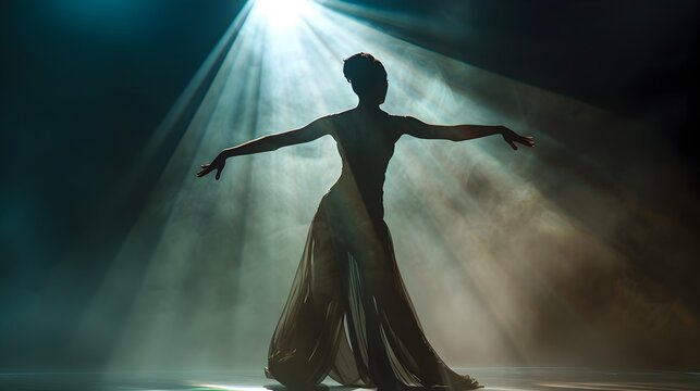 Captivating silhouette of a dancer in a flowing costume performing on a dimly lit stage,with dramatic backlighting creating a chiaroscuro effect and emphasizing the expressive,graceful movements.
