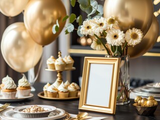 gold picture frame with decorations. Mock up for your photo or text Place your work, print art,shabby style, white background, paper ball, toy, pastel color book, copy space