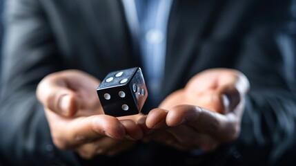 A suited man holding dice. Concept of business and social issues.