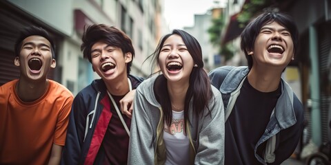 Obraz premium Teenagers in China laugh in the street with their mouths turned up, use filter photography, photo grade, 16k, HDR --ar 2:1 --v 5.2 Job ID: 28669911-b461-488c-81b4-1658a290c21a
