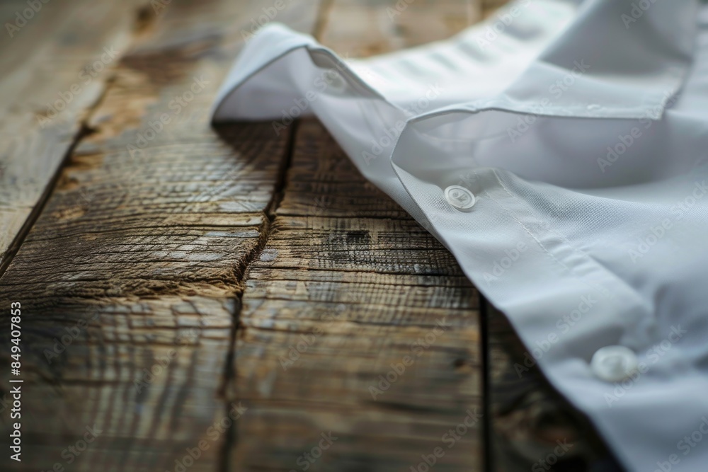 Poster A close-up shot of a white shirt resting on a wooden table, ideal for use in e-commerce or editorial content