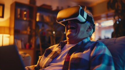 Elderly man enjoying virtual reality experience with a VR headset while using a laptop in a brightly lit room, laughing and amazed, detailed and realistic scene