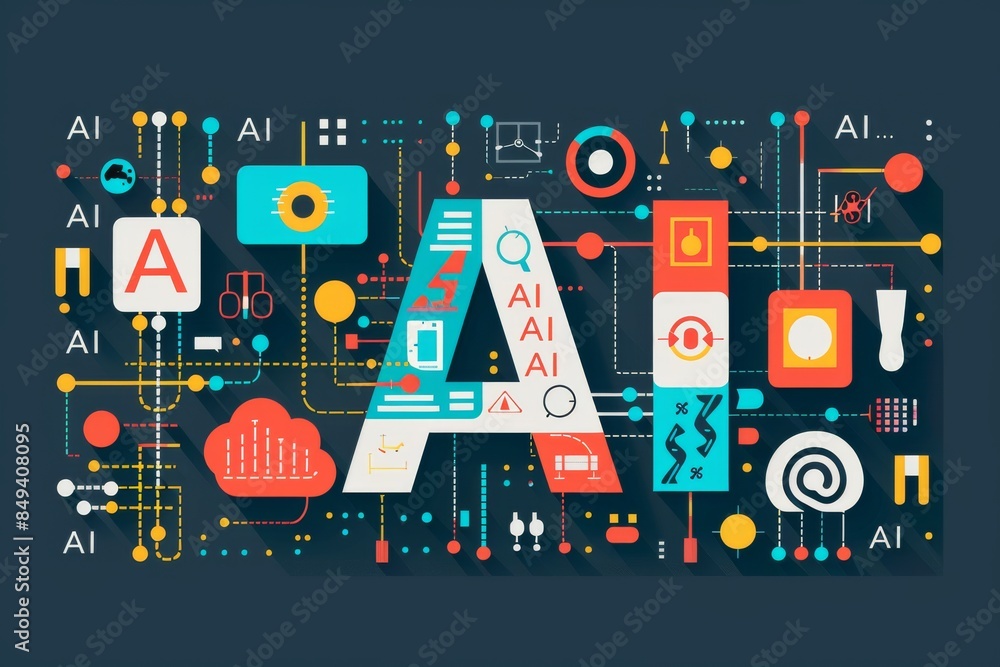 Poster intricate ai network visual represented in vibrant infographic style, highlighting connections and d