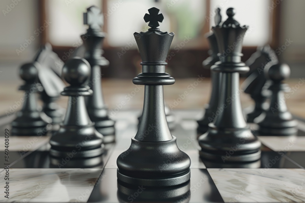 Poster a detailed view of a chess board with various pieces arranged strategically