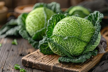 Fresh savoy cabbage on cutting board on wooden background closeup