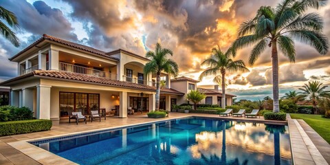 Luxury resort villa with a spacious house, pool, palm trees, and cloudy sky in a residential area, luxury, resort