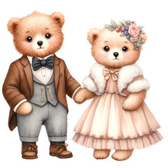 Charming illustration of couple teddy bears in vintage outfit. PNG watercolor on transparent background.