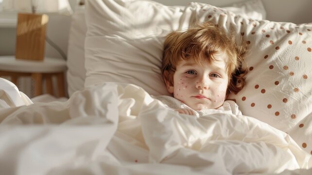 Young child with chicken pox playing in bed at home while isolated for quarantine due to illness