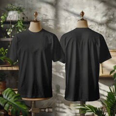 Black t-shirt mockup with hanger hanging on white background. front and back view. Just enter your design. Isolated white background,copy space