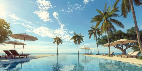 A serene beach scene with lounge chairs and umbrellas near the ocean