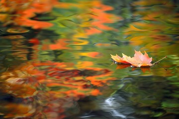a solitary leaf floating on a still pond, reflecting the vibrant colors of autumn