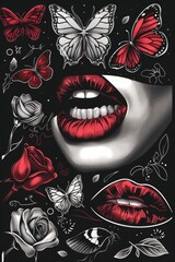 A close-up shot of a woman's lips adorned with butterflies and roses