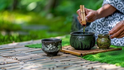 Japanese tea ceremony master s hands skillfully preparing traditional tea in detailed close up view