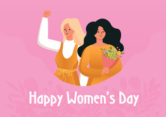Happy Women's Day postcard concept in flat cartoon design. This charming image depicts two beautiful women with flowers and contains a greeting on a pink background. Vector illustration.