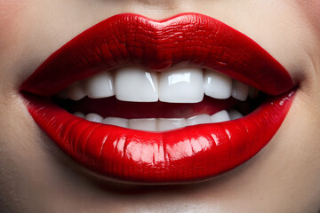 Obraz premium Close-up of a woman's beautiful smile with red lipstick and white teeth.