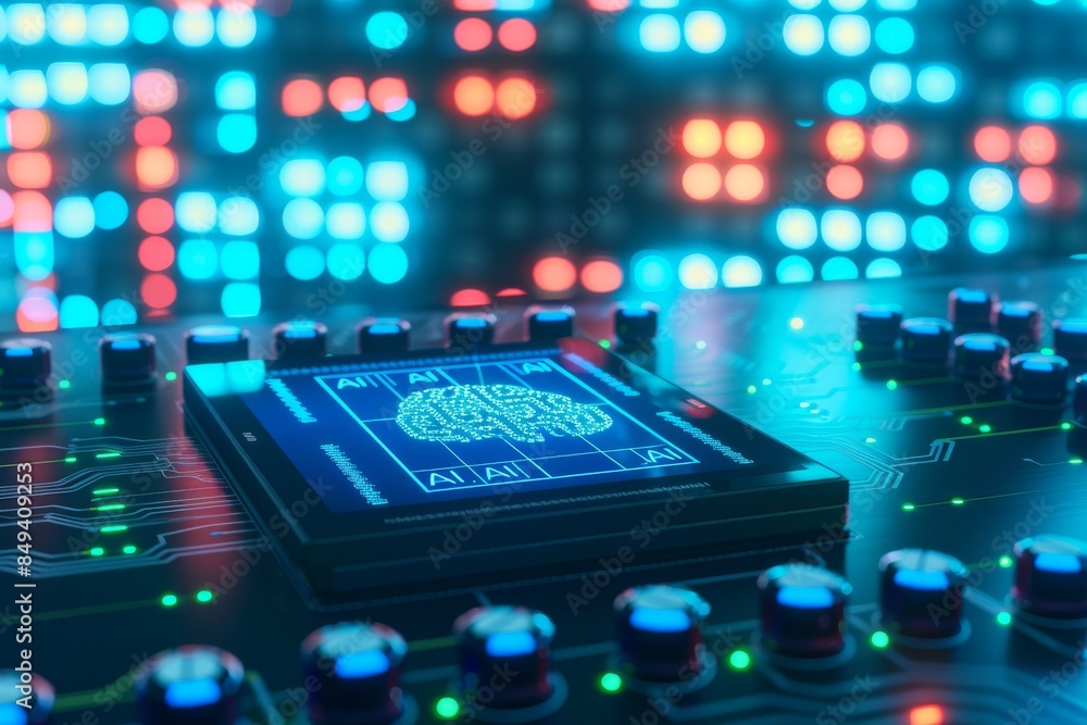 Poster ai driven motherboard illuminated by neon lights, demonstrating the intersection of technology and d
