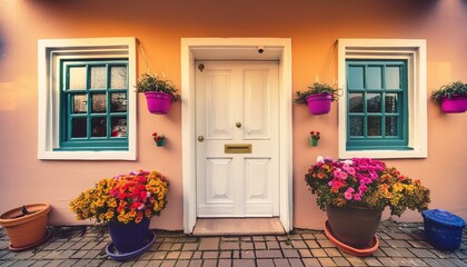 Fresh and Inviting: A White Front Door with Floral and Window Details