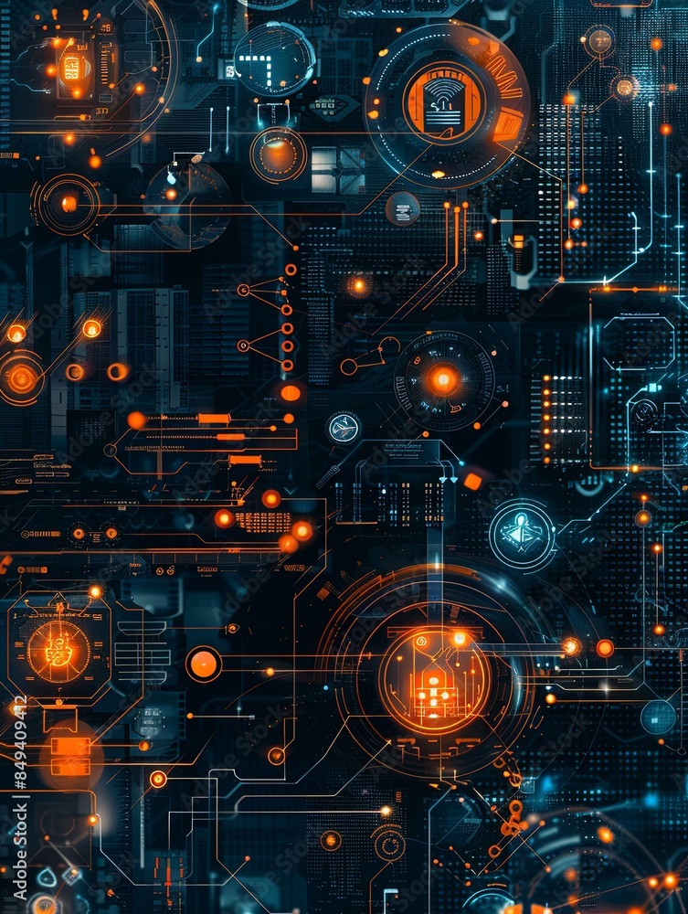 Poster A digital rendering of a futuristic cybersecurity network with digital locks, shields, and network nodes protected by AI algorithms. Generative AI