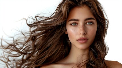 Fototapeta premium beautiful woman with long brown flowing hair, isolated against a white background, hyper realistic, extremely detailed, focused on hair, shampoo