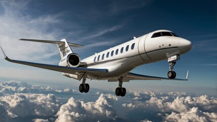 Obraz premium A sleek Gulfstream G650ER aircraft gleams with luxury and power, its streamlined silhouette exuding speed and style. In this high-quality photograph, the jet's flawless metallic finish reflects the su