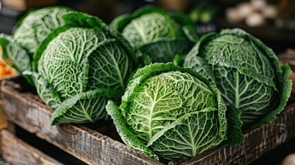 Fototapeta premium Fresh green cabbage in a wooden basket