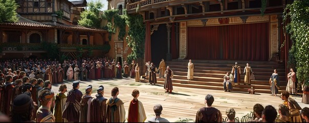 Outdoor theater performance of Shakespearean plays, actors and theatrical performances, 4K hyperrealistic photo.