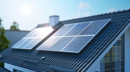 Obraz premium A modern home featuring solar panels on the rooftop
