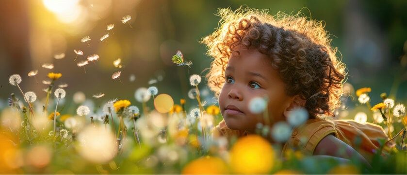 a scene of children playing outside, engaging with the signs of spring for the first time of the year--chasing butterflies, blowing dandelion seeds, or picking the first flowers.