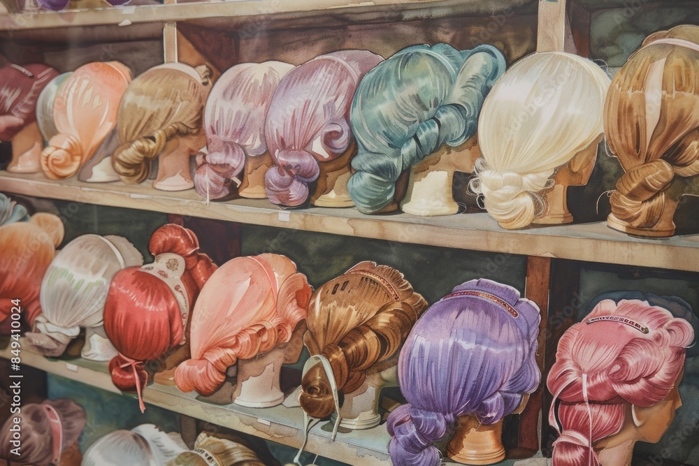 Poster a shelf filled with various colorful wigs