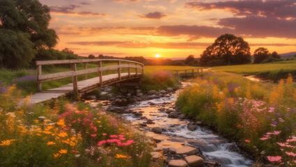  a wooden bridge over a small river
