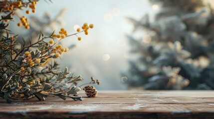 Empty table in front of christmas tree with decoration background, copy space