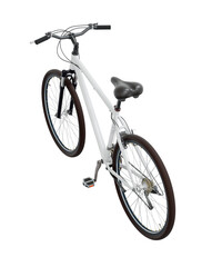 White bicycle, side top view. Black leather saddle and handles. Png clipart isolated on transparent background